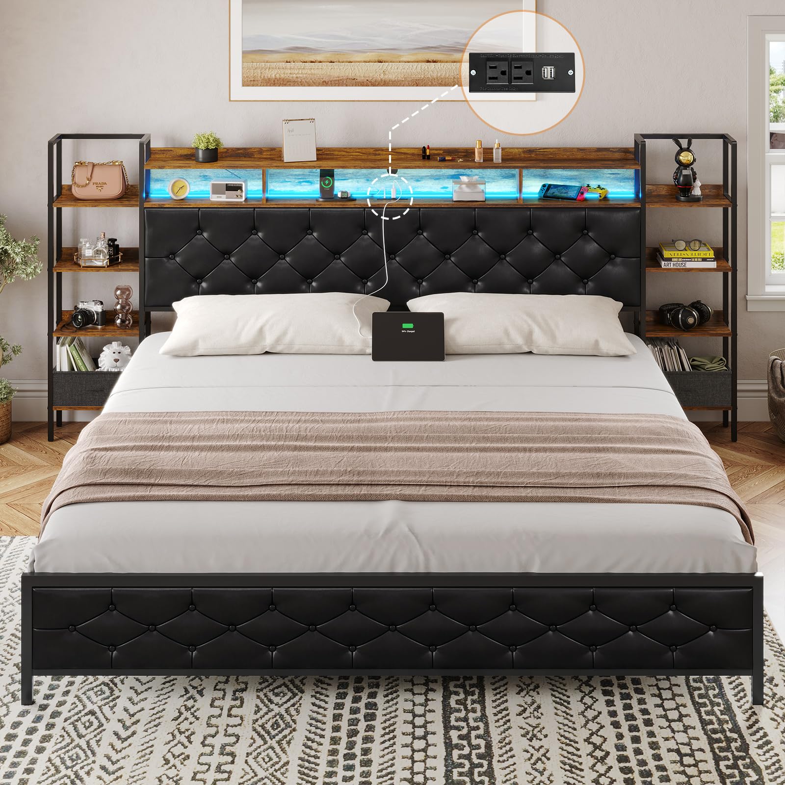DICTAC LED Bed Frame King Size with Bookcase Storage Headboard and Charging Station King Metal Platform Bed Frame with LED Lights Tall Upholstered Headboard with Bookshelf,No Box Spring Needed,Black (Similar to Stock Item)