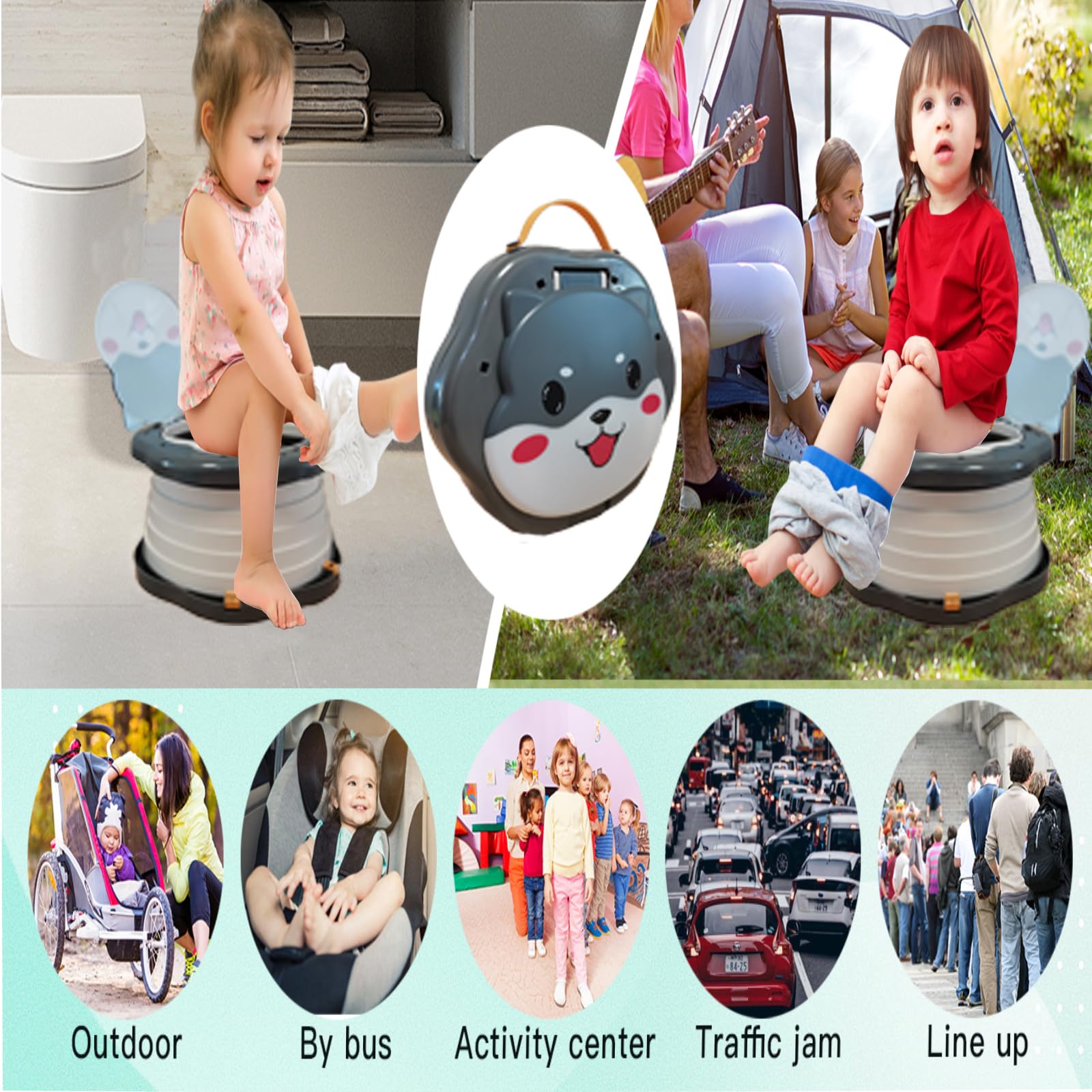 SunnySmile Orinal de viaje para niños pequeños, orinal portátil para niños, orinal plegable de viaje, para viajes, camping, parque, interior/exterior, con 75 bolsas desechables, diseño de dibujos