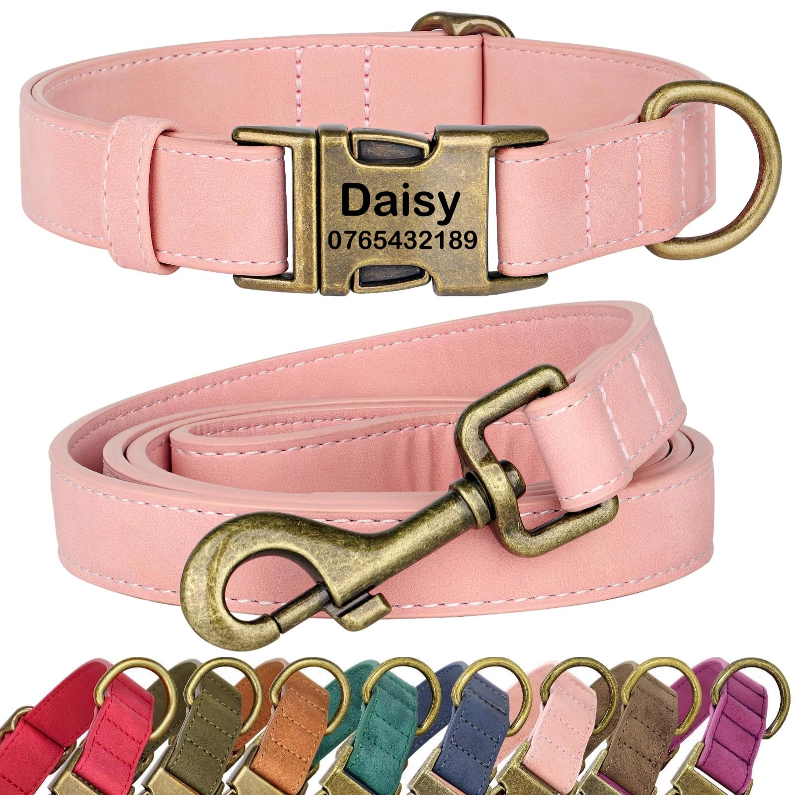 SEOUGEE Personalised Dog Collar and Lead Set, Custom Soft PU Leather Dog Collars, Adjustable & Durable Pet Collars with Quick Release Metal Buckle for Medium Dogs (M, Vintage Pink Set 32-52cm)