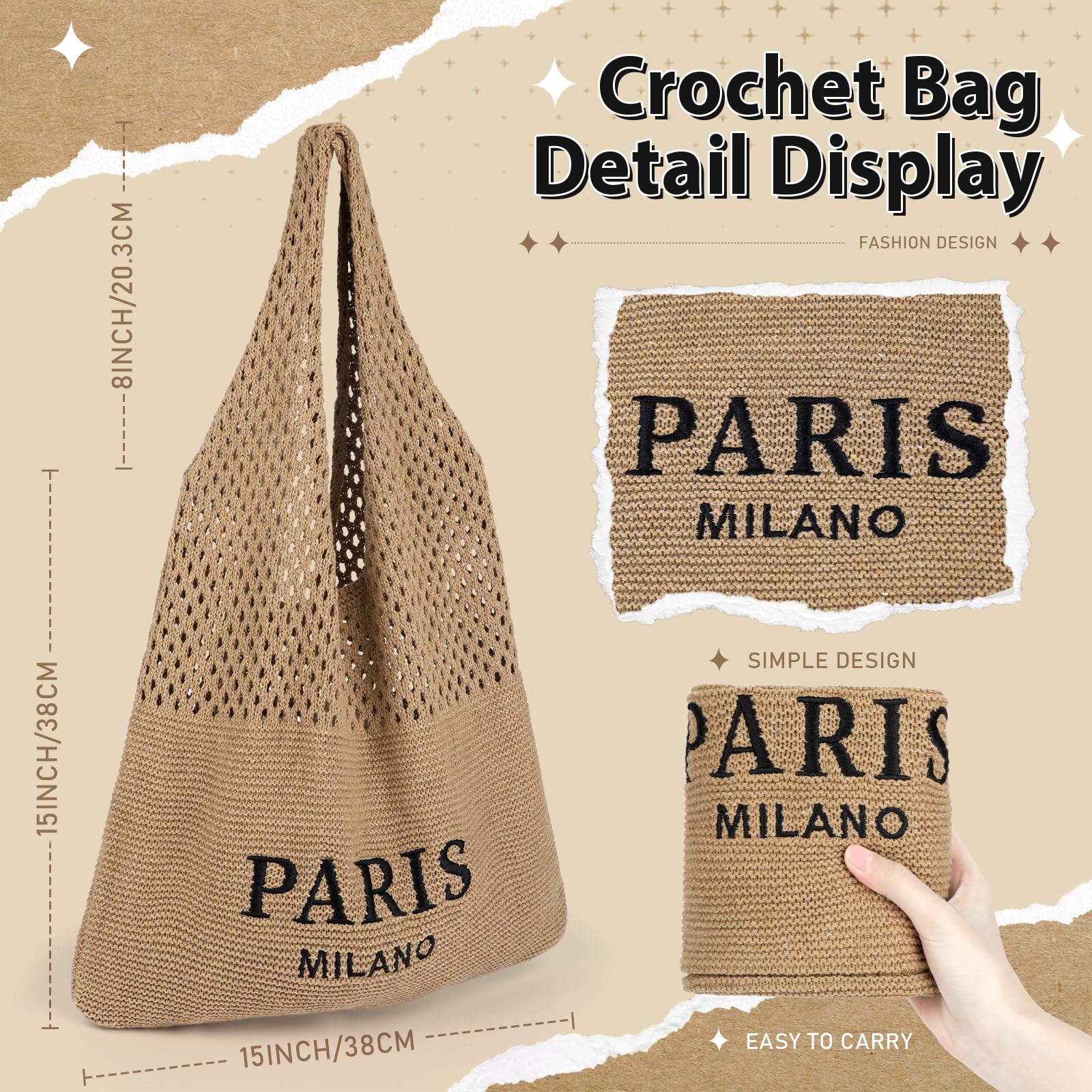 hatisan Crochet Bags for Women Summer Beach Tote Bag Aesthetic Tote Bag Hippie Bag Knit Bag(Embroider-Coffee)