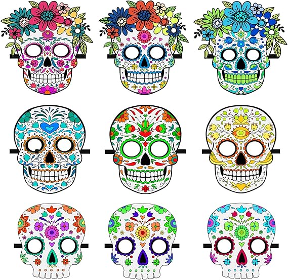 Day of the Dead Felt Masks for Adults, 9 Pack Dia de Los Muertos Skull Masks Floral Sugar Skull Mask, Adjustable Halloween Masks Dia De Los Muertos Decorations for Halloween Cosplay