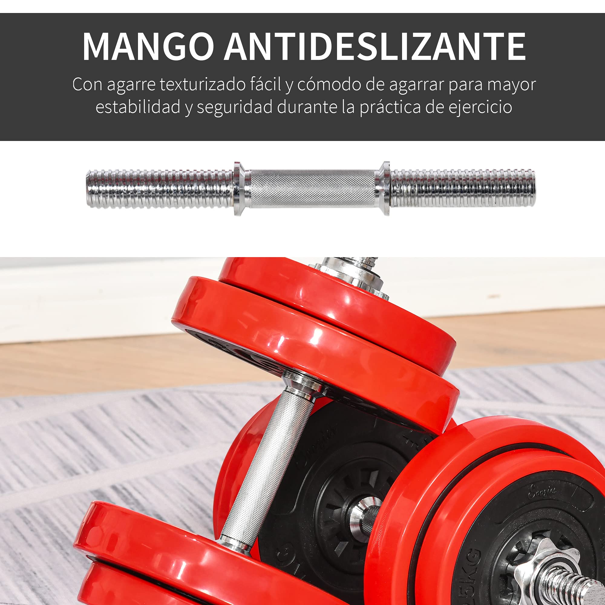HOMCOM Juego de Mancuernas Ajustables 2 en 1 20 kg como Barra, Mancuernas, con 8 Discos 2 Barras y Biela Ajustable para Entrenamiento de Fuerza, Levantamiento de Pesas, Hogar, Gimnasio, Oficina