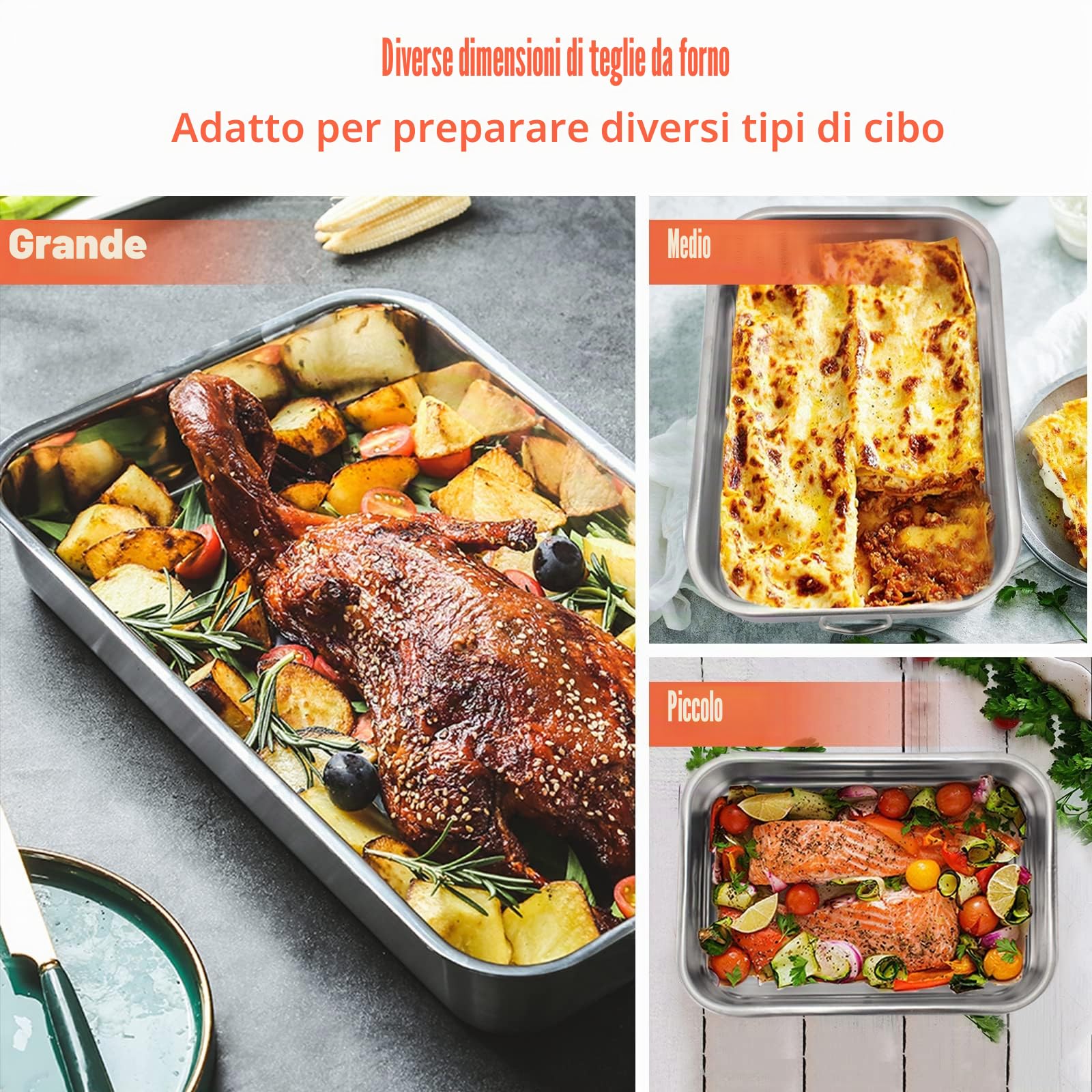 ROSSETTO Set di 4 Teglie da Forno in Acciaio Inox con manici Lasagnera Rostiera Rettangolare