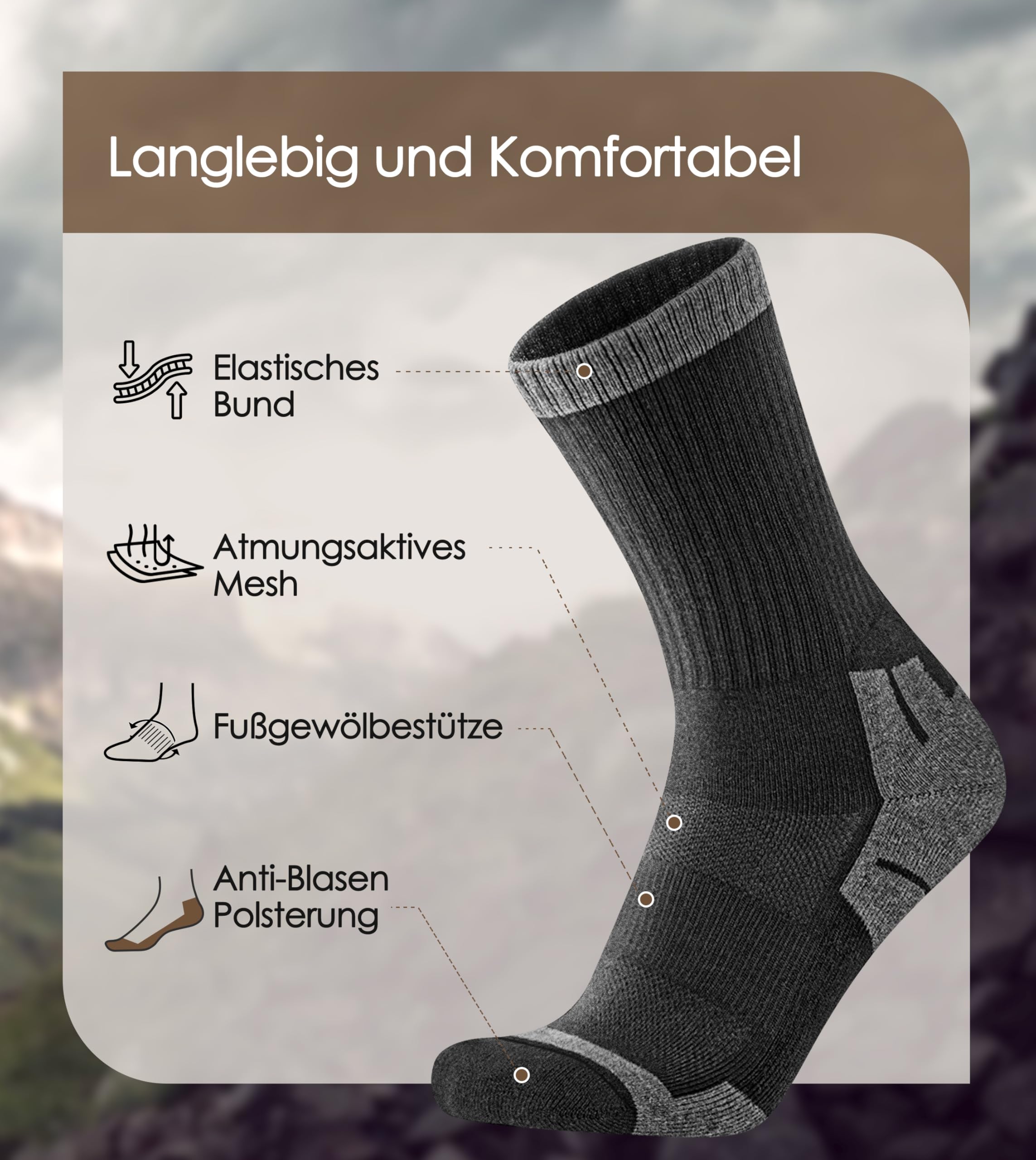 CAOZITOU 3 Paar Merino Thermosocken Herren 43-46, 60% Wandersocken Gepolstert, Wolle Trekkingsocken Winter Warme Socken für Outdoor Sport(Schwarz,Grau,Blau) - Image 3