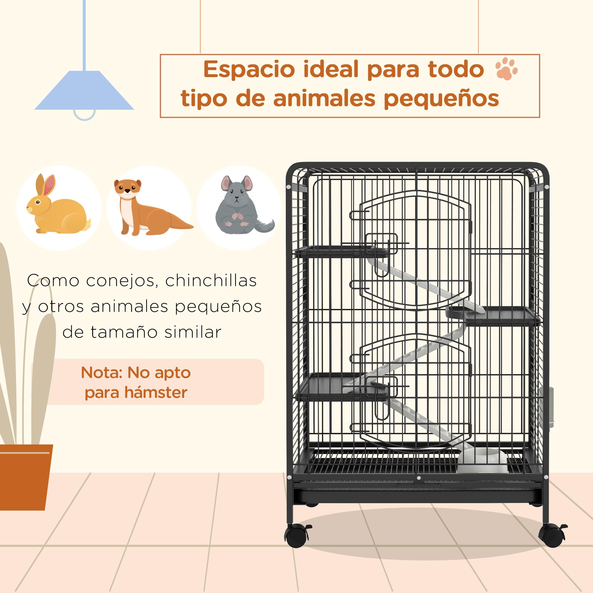 PawHut Jaula para Hurones Jaula para Animales Pequeños con Ruedas Rampa Cuenco Botella de Agua y Bandeja Extraíble Recinto para Conejos Chinchillas 61,5x44x95 cm Negro