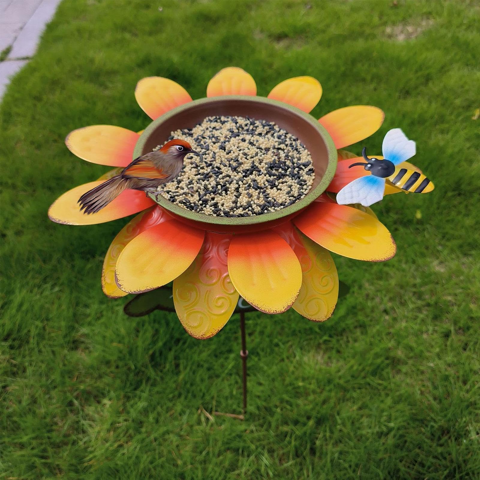 Ornamento Da Giardino A Forma Di Girasole In Resina, Effetto Pietra, Con Mangiatoia Per Uccellini, Grigio, 19x21x8 Cm, Garden Mile - Foto 2