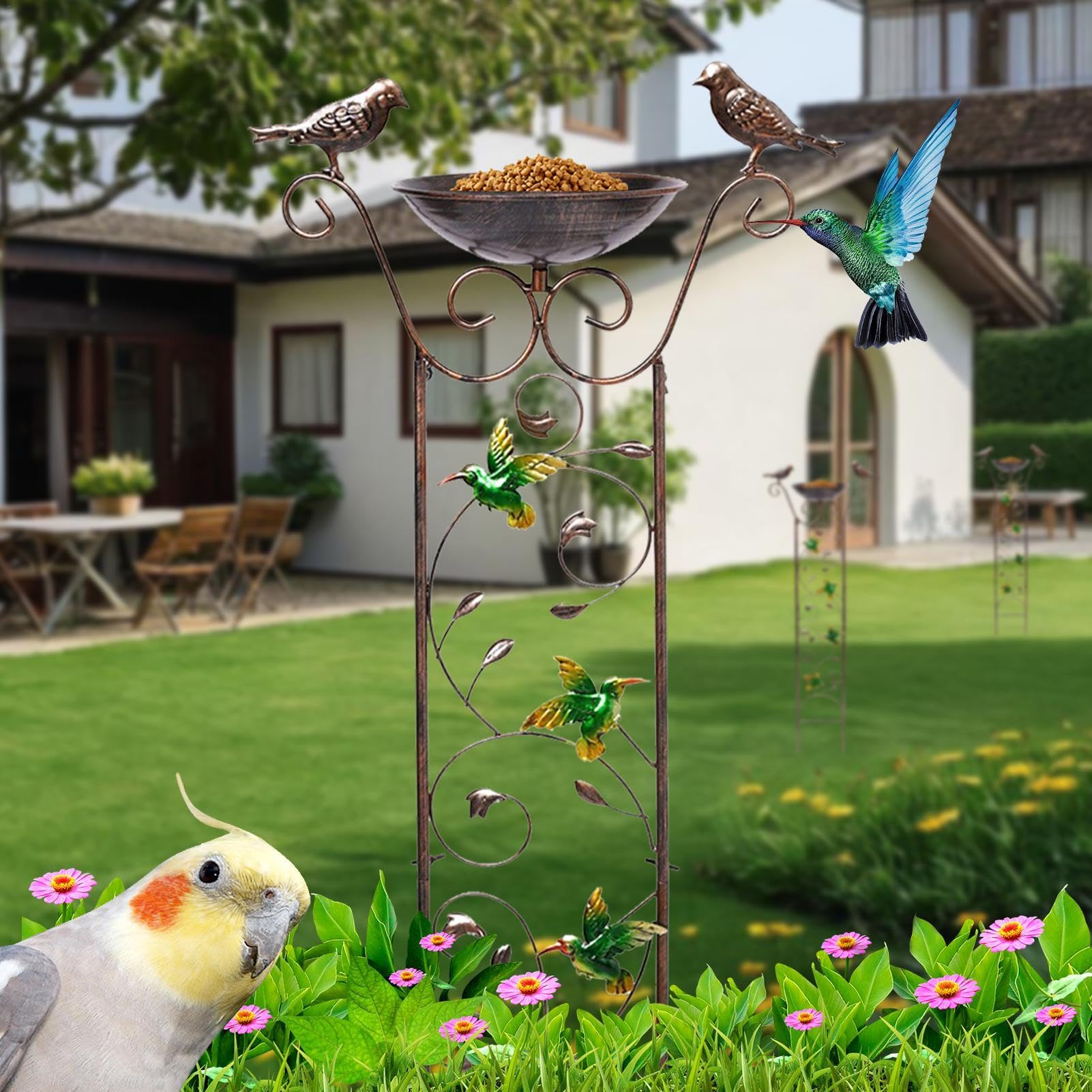 Vogeltränke und Futterspender aus Metall, dekoratives Vogelbad aus Metall,Outdoor-Vogeltränke für Kletterpflanzen - Multifunktionale kleine Gartenpflanzenstütze, abnehmbare Vogelfutterschale, Vogelträ