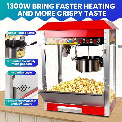 Miniatura 2 de 1300W Popcorn Machine with 8 Oz Kettle for Rapid Heating, Countertop Popcorn Popper with Insulation Layer, Popcorn Maker Machine for Home and