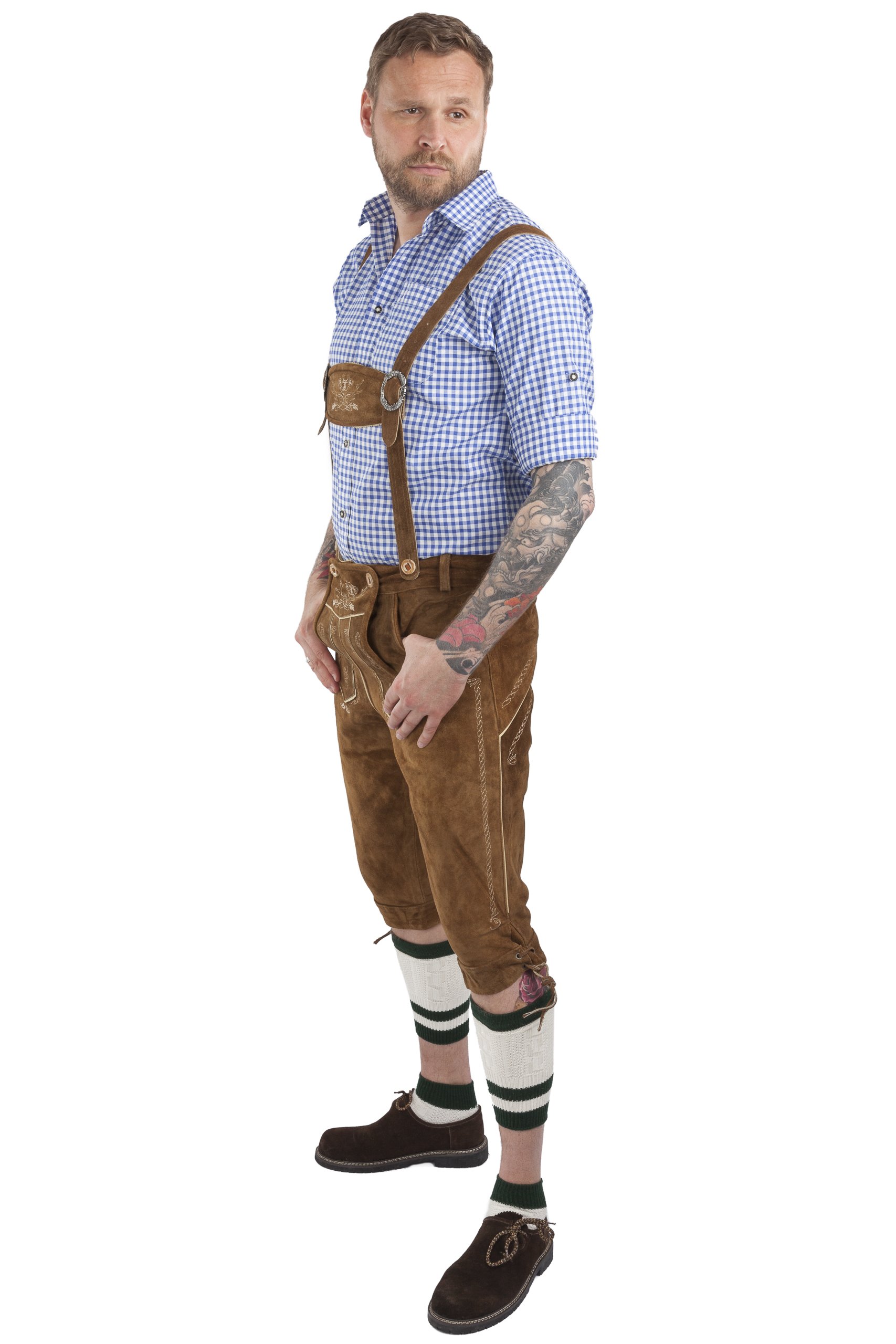 Schöneberger Trachten Collare al Ginocchio Lederhosen Uomo - Pantaloni in Pelle Trachten Hop e Marrone Malto - Hopfen & Malz