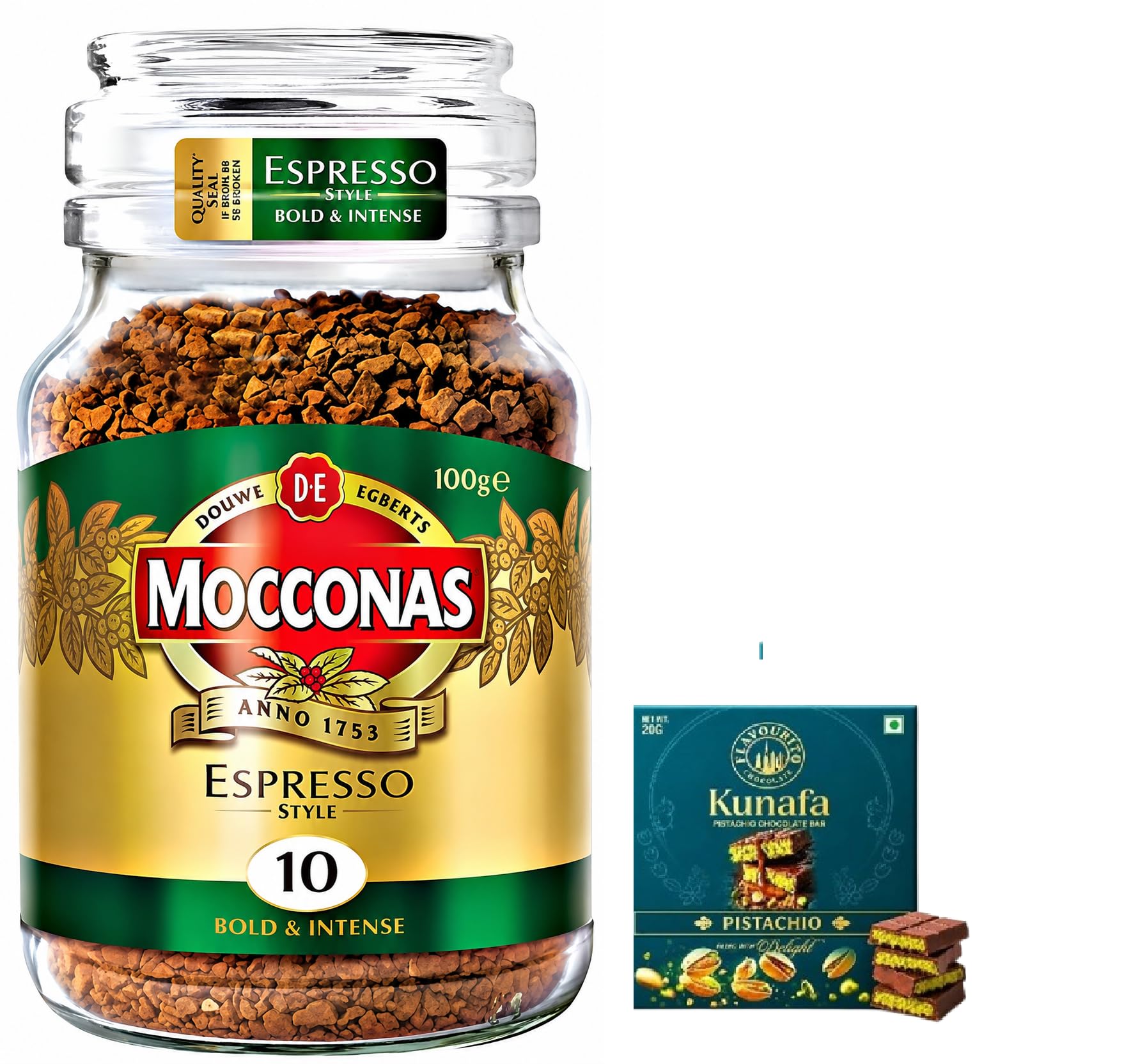 Mocconas Espresso Style Instant Coffee, Bold & Intense Rich Flavour, Strength 10, 100g Glass Jar,Get Free Flavourito Kunafa Pistachio Chocolate Bar, 20g By Decadent Foods,(Imported-Netherlands)-picture-17