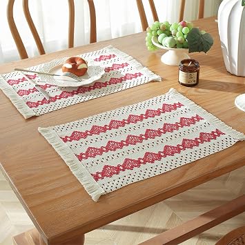 Rectangular Placemats Set of 6, Red Place Mats 18 x 12 inch Braided with Hearts Shape Placemats Heat Resistant for Dining Table