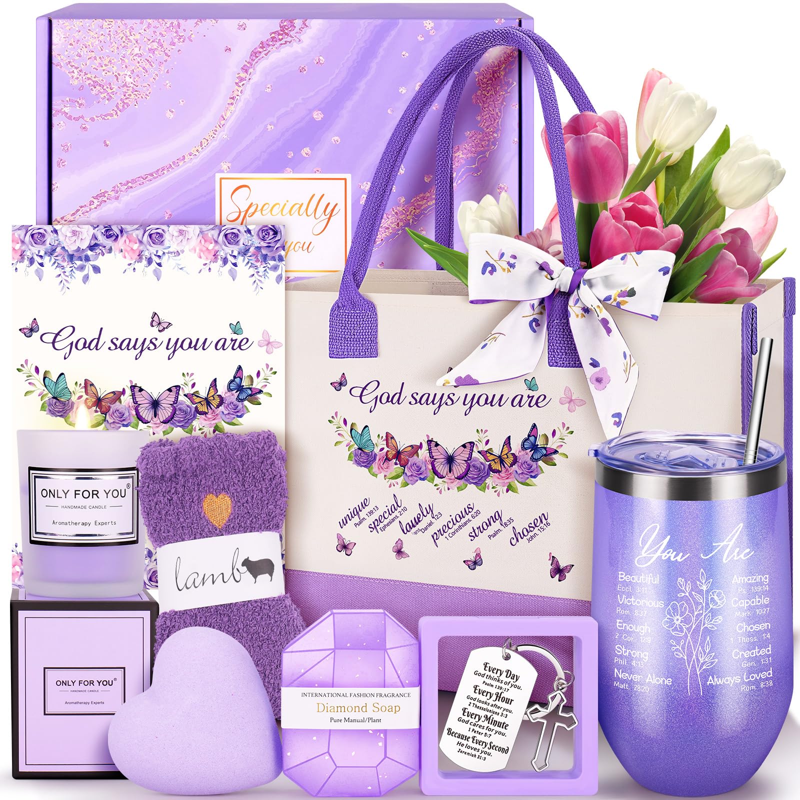 13PCS Christian Gifts for Women Faith, Purple Inspirational Gifts for Women,Christian Birthday Baskets,Get Well Soon Baskets for Her Mom,Friends,