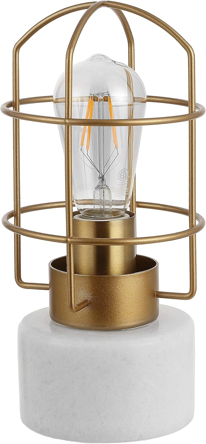 SAFAVIEH Lighting Collection Sadaf Industrial Rustic Farmhouse Brass Iron Cage 11-inch Bedroom Living Room Home Office Desk Nightstand Table Lamp (LED Bulb Included)