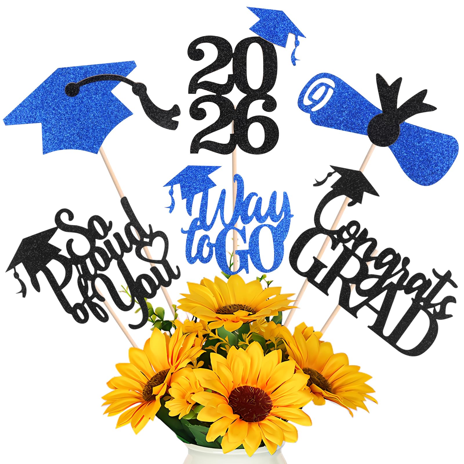 Graduation Decorations 2026, 24 PCS Black and Blue Graduation Centerpieces for Tables, Class of 2026 Double-Sided Glitter Table Decorations