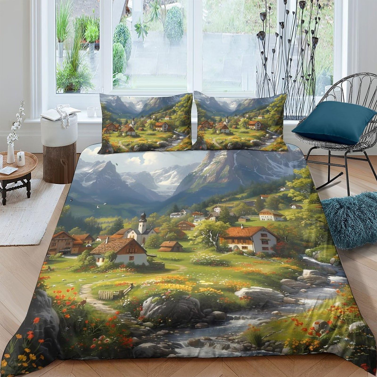 Ctjqhvkz Style-3 3D Printed Alpine Village Fitted Sheet Microfiber Soft Mountain Stream Bed Cover For Bedroom Guest Room Decor Single（135X200cm）