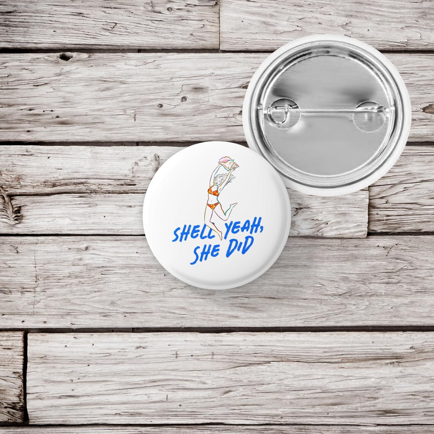 Shell Yeah She Did Pin Back Button – Beach Bachelorette Party Badge – Coastal Bridal Shower Lapel Pin – Mermaid Theme Girls Trip, Ocean Theme Encouragement Badge, Coastal Vacation Lapel Pin