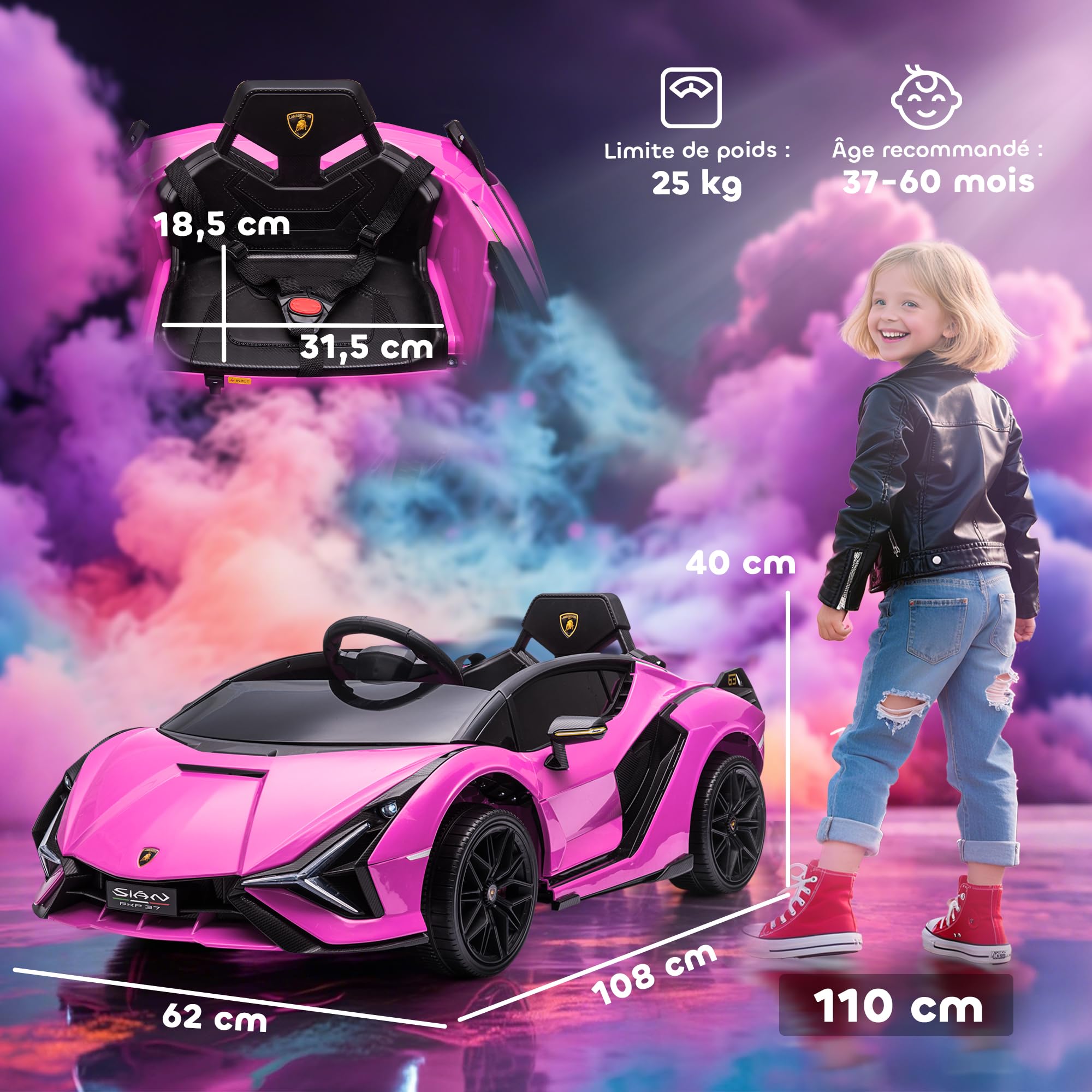 HOMCOM Voiture électrique Enfants de Sport Véhicule électrique Lamborghini Sian 12 V - V. Max. 5 Km/h avec Télécommande 2,4G Effets sonores + Lumineux Rose