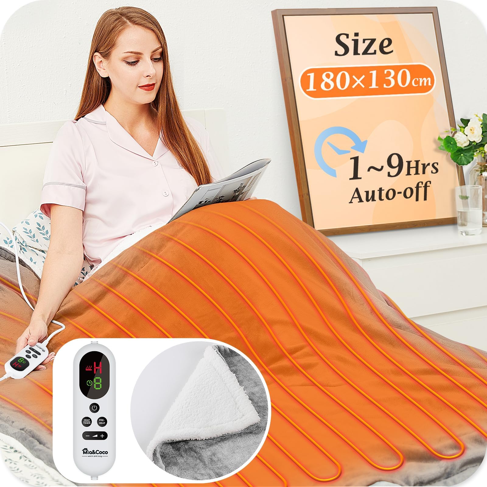 Mia&Coco Electric Heated Blanket Throw Flannel Sherpa Fast Heating 180x130cm, 10 Heat Levels & Up-to-9-Hours Auto-Off Timer & LED Display, for Home Office Use, Machine Washable, ETL Certified, Grey