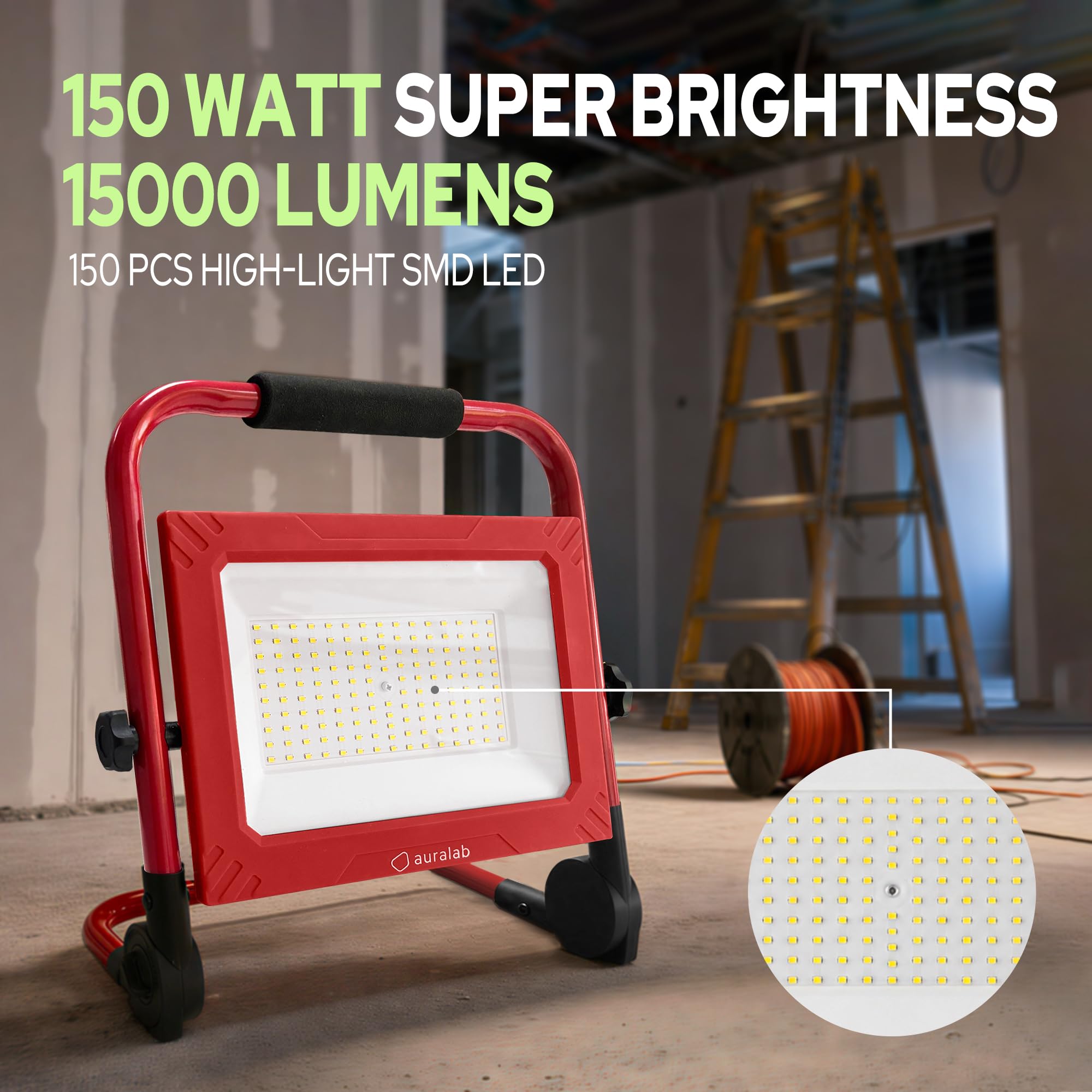 auralab Projecteur LED Chantier 150W avec Interrupteur, 15000LM Lampe de Travail Portable avec Câble 4m, Projecteur Étanche IP65 avec Support, Lumière de Chantier 6500K pour Garage, Atelier, Camping