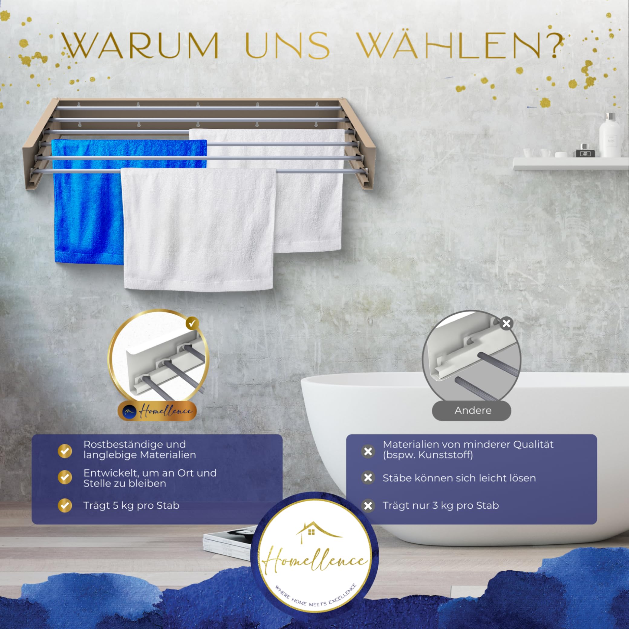 Homellence - Eleganter Wäscheständer Wand ausziehbar - Wandwäschetrockner ausziehbar platzsparend - Robuster Wäschetrockner Wand - Wäscheständer Wandmontage mit 6m Trockenlänge (100 cm, Cappuccino)