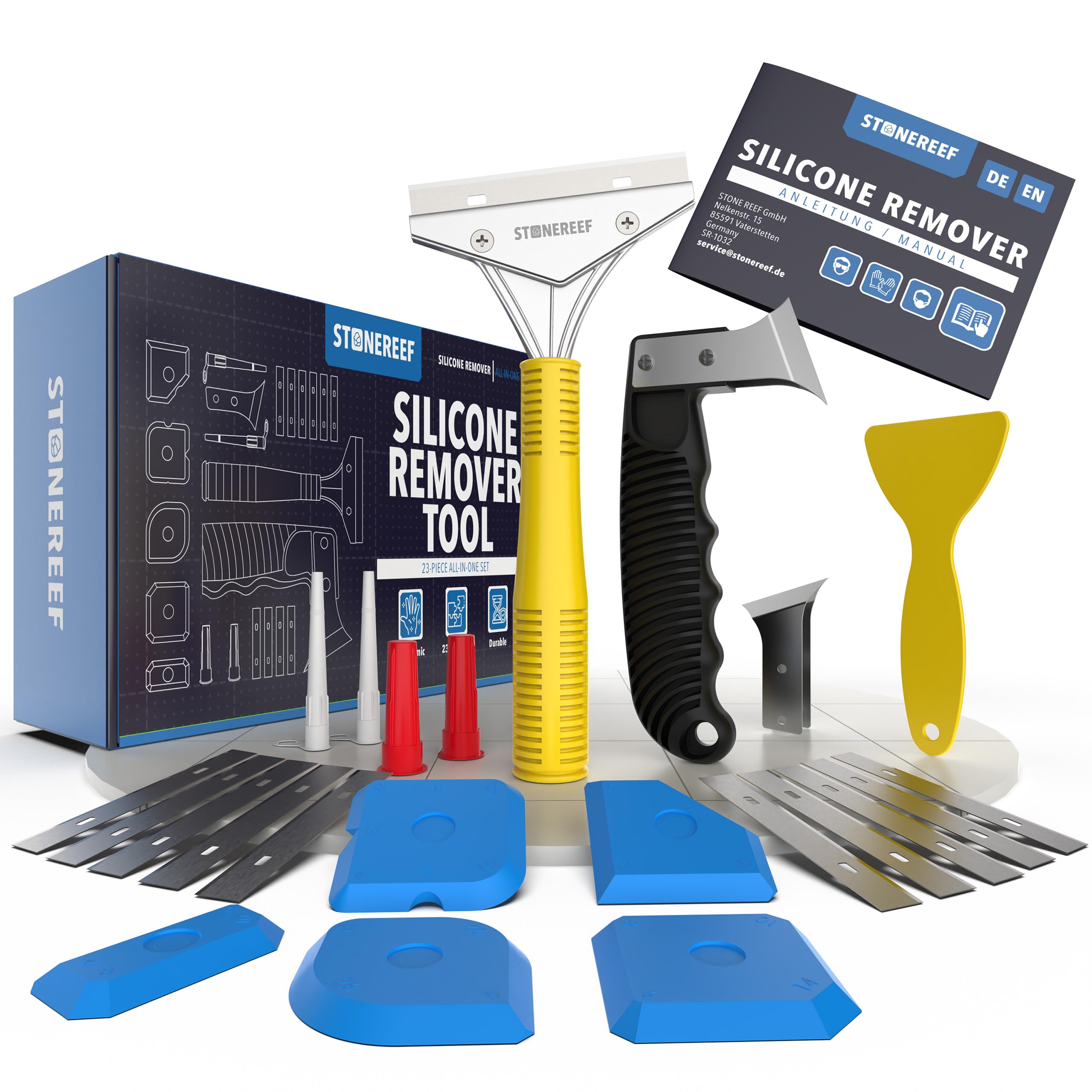 Stone Reef Set L 23 Piece Grouting Tool Set – Silicone Sealant Remover, Grout Scraper With 10 Blades, Sealant Knife, Plastic Spatula, 2 Sealant Applicators & 5 Finishing Tools For Bathroom Kitchen Tiles