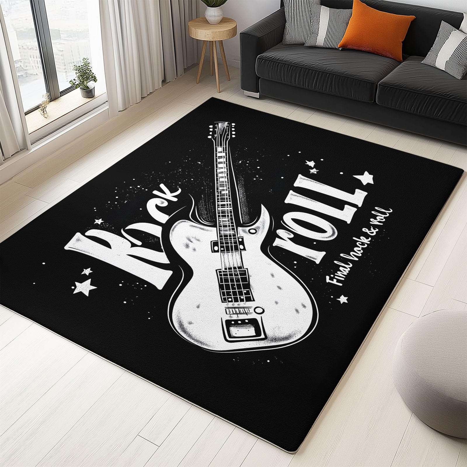 Tappeto Salotto Lavabile Rock Musica Chitarra Tema per la Decorazione Della Casa, Morbido Cashmere Superfine Antiscivolo Tappeto 160 x 230 cm per Camera da Letto Sala, Nero