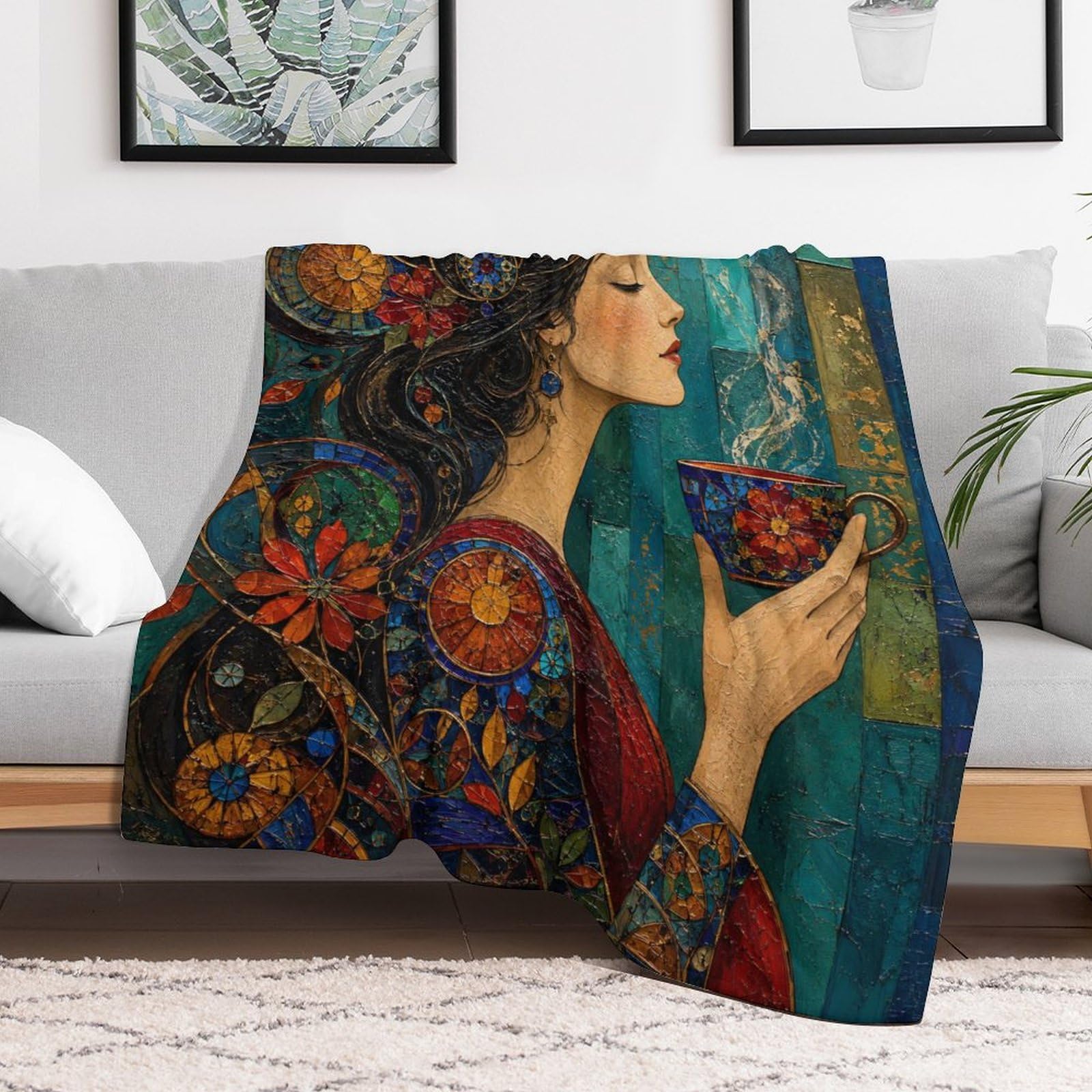 Donna con tazza da tè Coperta Arte del mosaico Coperta TV Calda | coperta divano morbida con Gioiello bizantino, per divano, letto, relax quotidiano, 175x200cm(70x80in)