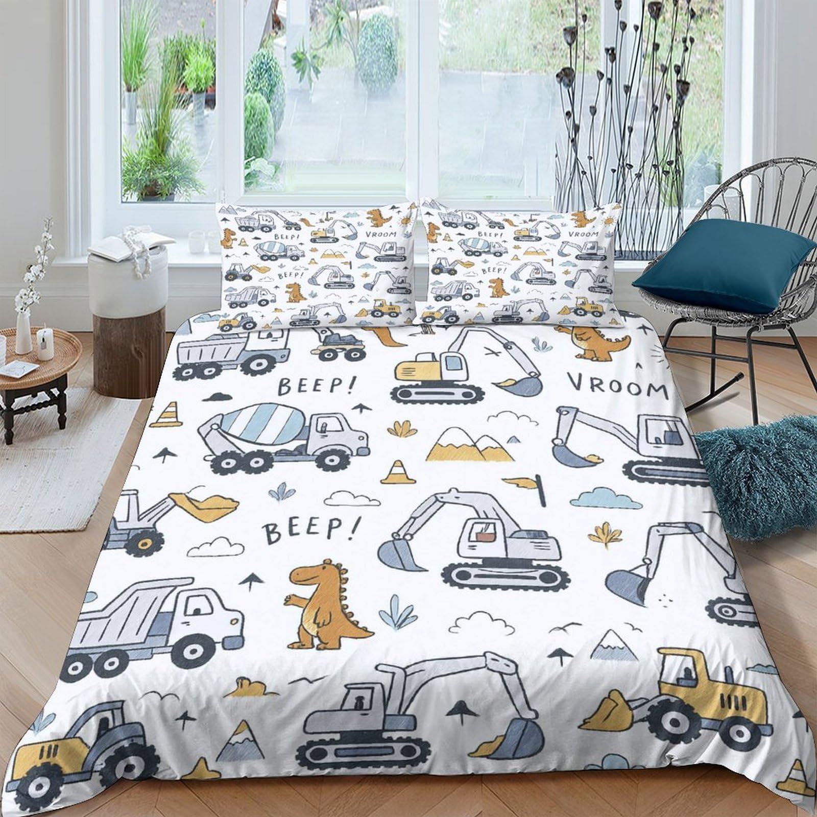 Ctjqhvkz Style-6 3D Printed Construction Vehicles Fitted Sheet Microfiber Soft Non-Slip Dinosaur Bed Cover For Bedroom Dorm Decor Single（135X200cm）