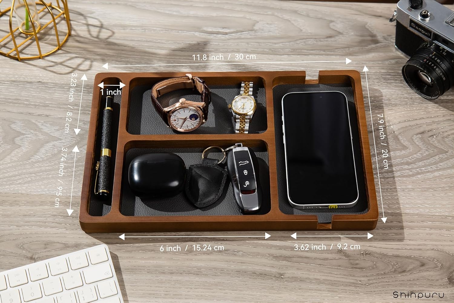 Shinpuru Wooden Valet Tray for Men, Nightstand Organizer with Leather Inlay, EDC Essentials Catchall Tray for Keys, Phone, Wallet, Watch, Earbuds - Bedside Desk Entryway Tray (Wood-Pen)