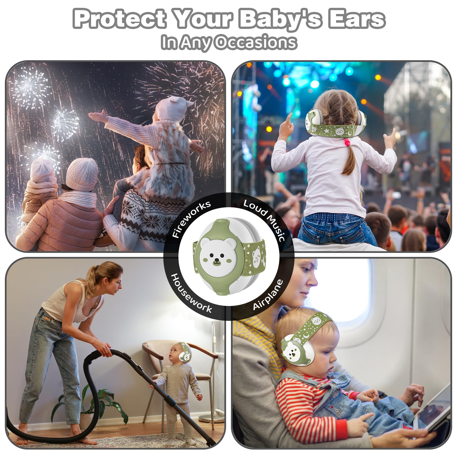 YomauiYee Baby Ohrenschützer, Baby Ohrenschützer, Gehörschutz mit Tragetasche, 25 dB Baby Schallschutz-Kopfhörer für Reisen, Schlafen, Flugzeug, lautes Ereignis, Grün