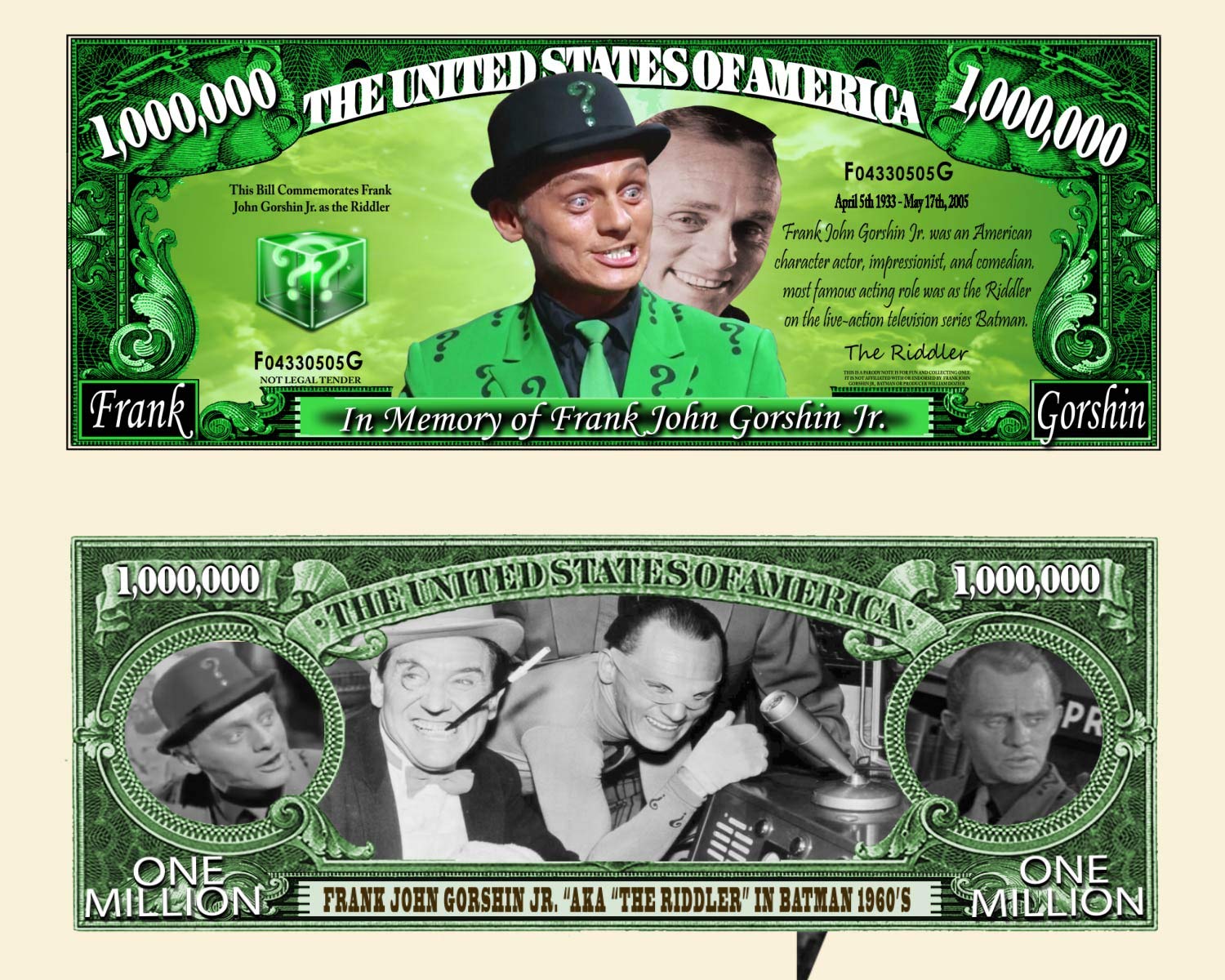 Anime SourceAnime Source 1960s Batman Series Classic Riddler Actor Frank John Gorshin Jr. Commemorative Novelty Million Bill with Semi Rigid Protector
