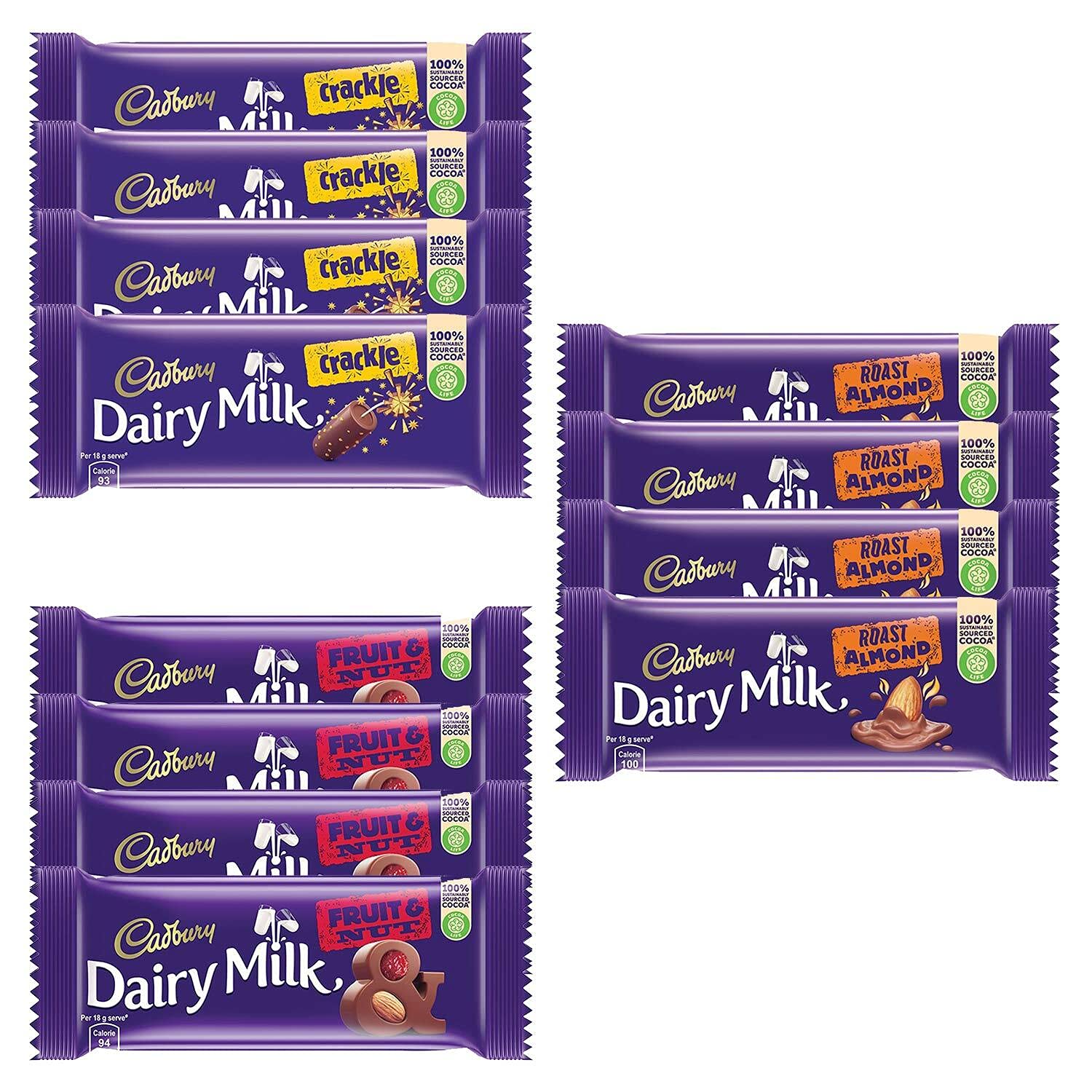 Cadbury Dairy Milk Chocolate Bar, Pack of 12 (Fruit and Nut, 4x36g, Roast Almond, 4x36g, Crackle, 4x36gm) 432 gm