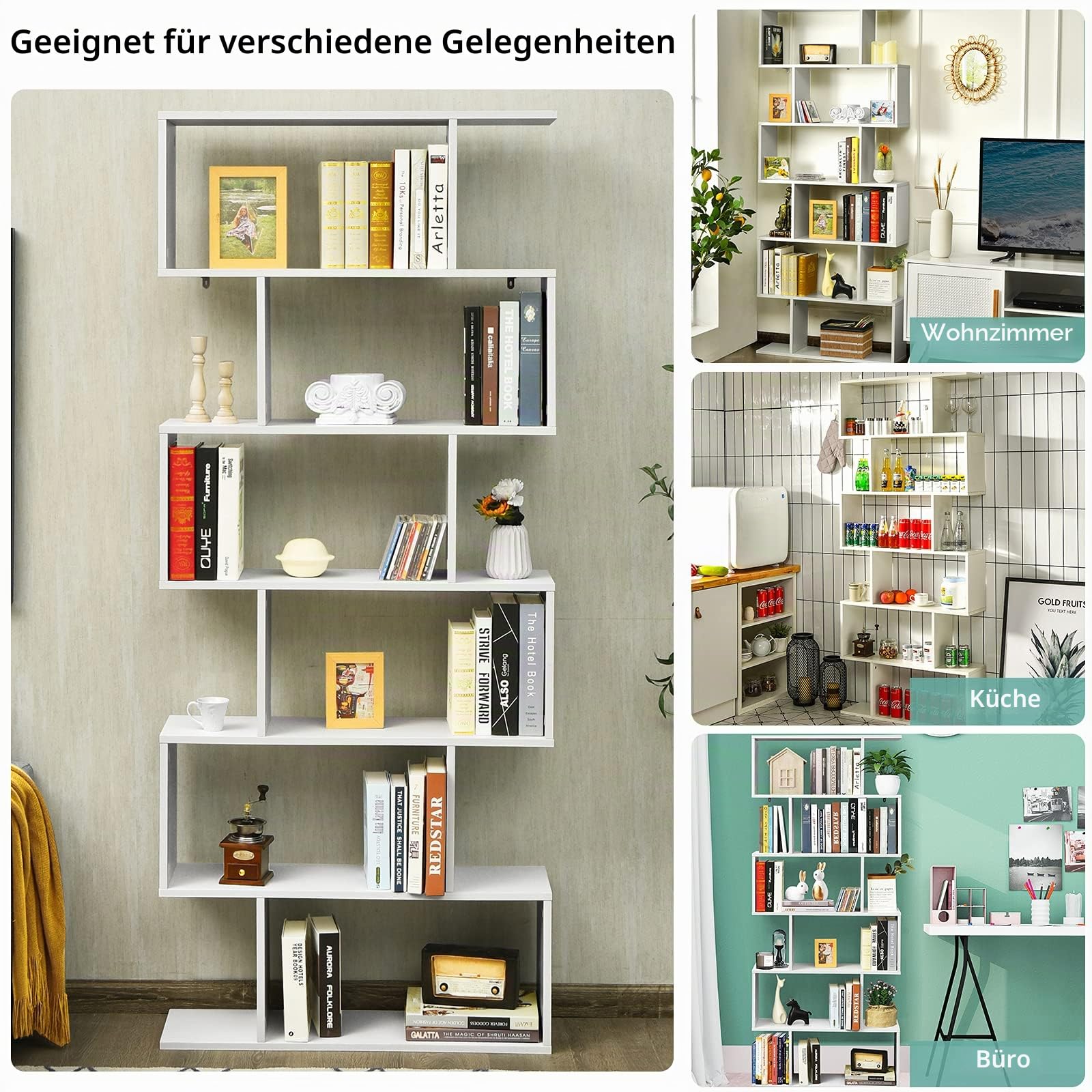 GIANTEX Bücherregal 6 Ebenen, Standregal Büroregal Holz, Aktenregal freistehend, Ausstellungsregal Lagerregal schmal im Industrie Design, Holzregal Allzweckregal in S-Form (weiß)