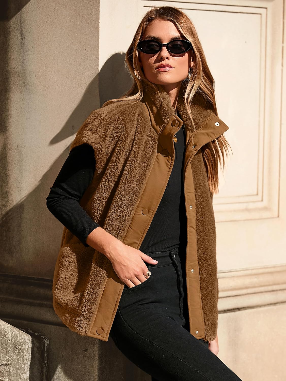 Glamaker Womens Fuzzy Fleece Vest Casual Loose Sherpa Vest Faux Fur Button Down Sleeveless Jacket Coat Outerwear - Image 5