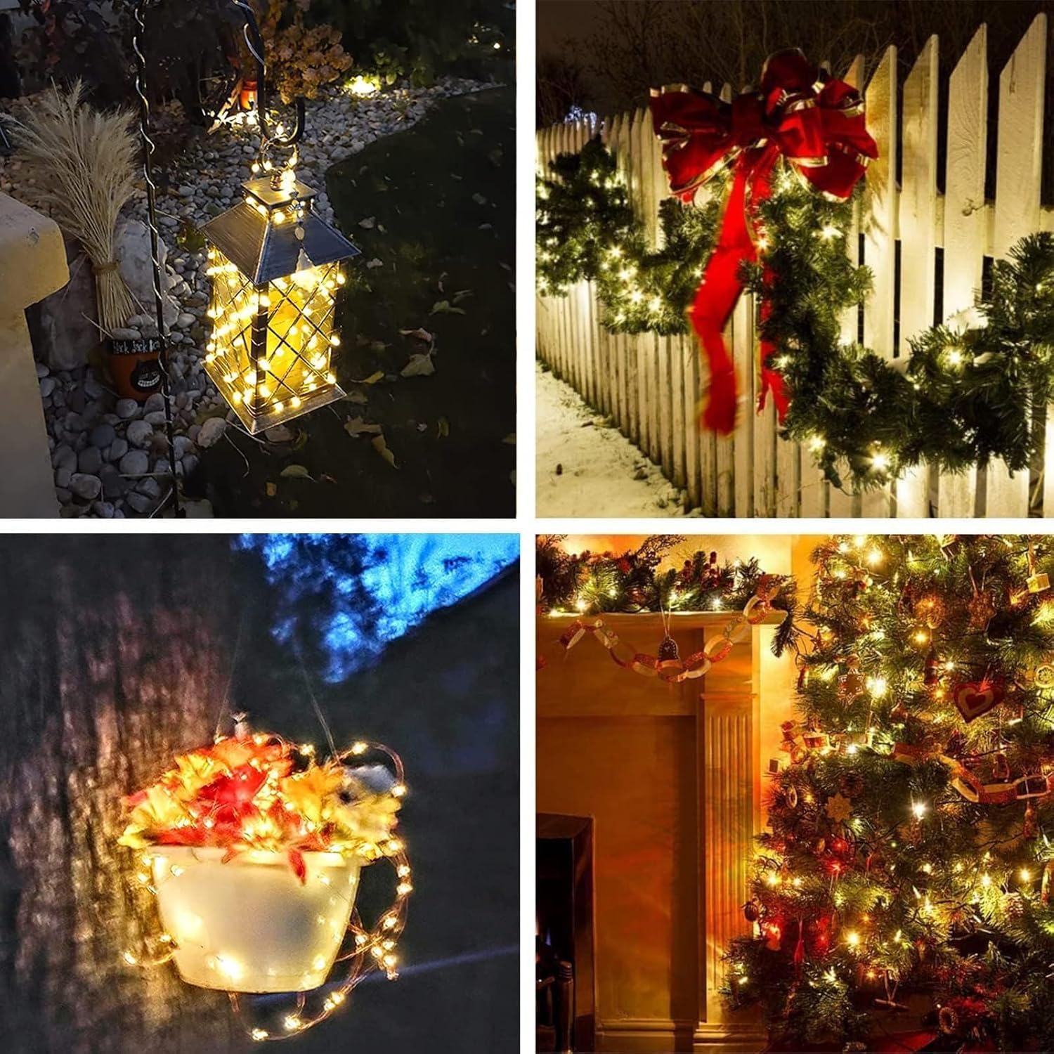 Lot de 4 guirlandes lumineuses solaires pour l'extérieur, 400 LED au total, étanches, lumière scintillante en fil de cuivre, 8 modes, lumière féérique pour sapin de Noël, jardin, fête, décoration de