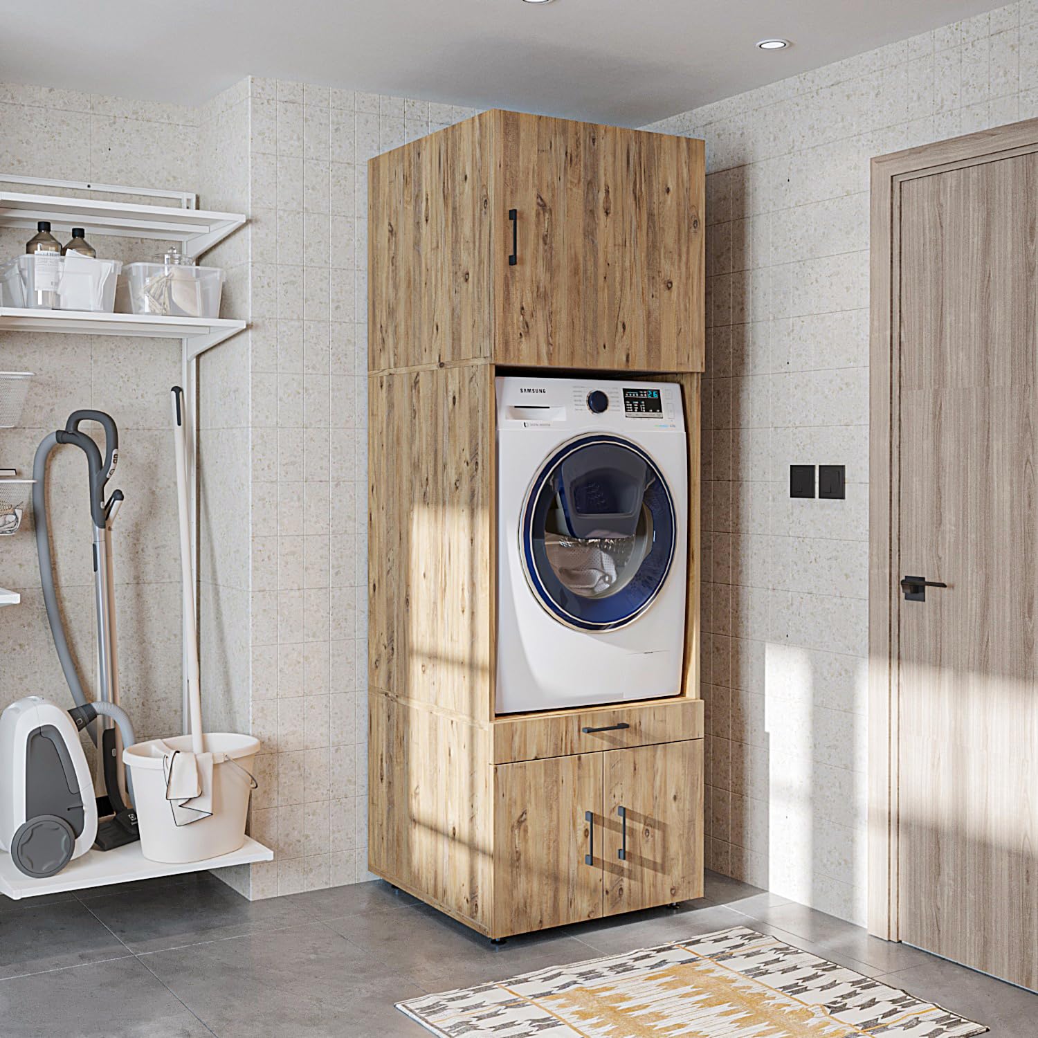 ROOMART , Armoire de machine à laver avec support d'armoire et planche à rallonge, blanc, chêne noir, superstructure de machine à laver (armoire + insert (62 cm), chêne)
