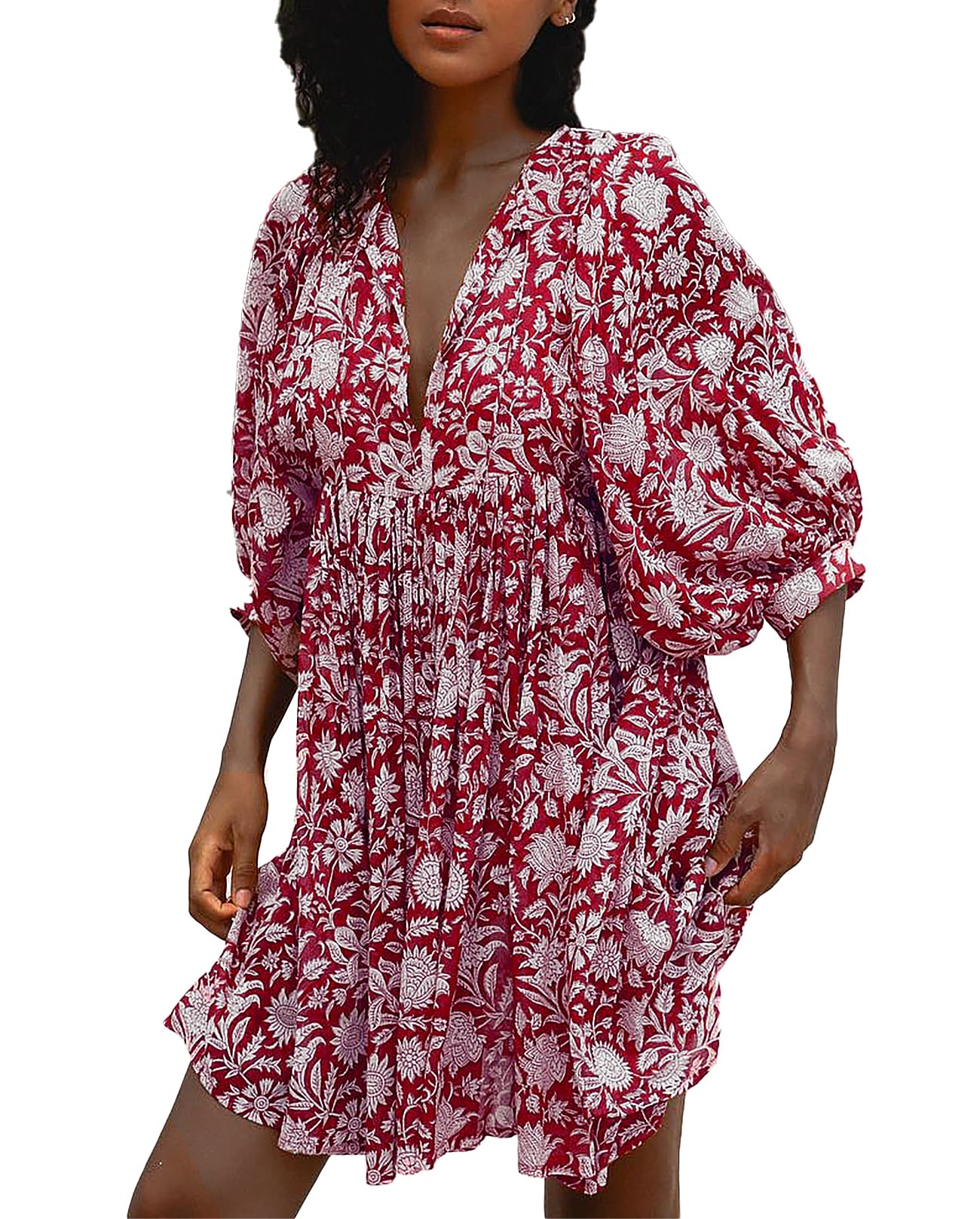 Womens Summer Boho Floral V‑Neck 3/4 Sleeve Babydoll Swing Mini Beach Dress