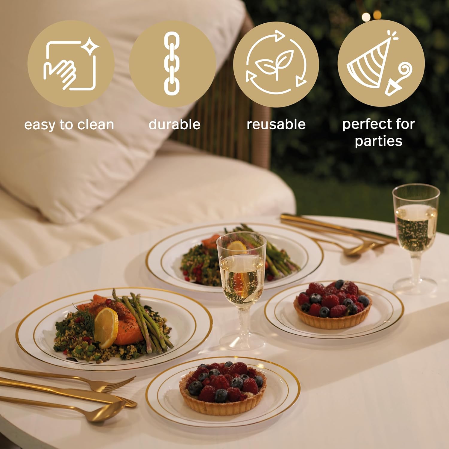MATANA 60 Fancy White Plastic Plates with Gold Trim Rim - 30 Heavy Duty Dinner Plates 10.25" + 30 Salad Dessert Appetizer Plates 7.5", Disposable Reusable Party Plates Set for Wedding & Events