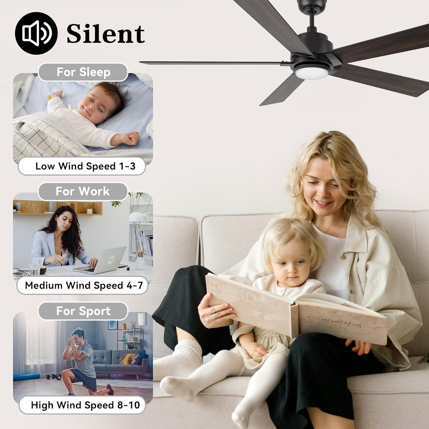 SMAAIR 60" Ceiling Fan with Lights Remote 3 Color LED Light Temperatures,10-speed Reverse DC Motor Low Profile Quiet Ceiling Fan, Reversible Plywood Blades For Bedroom/LivingRoom(Black Walnut/Ash)