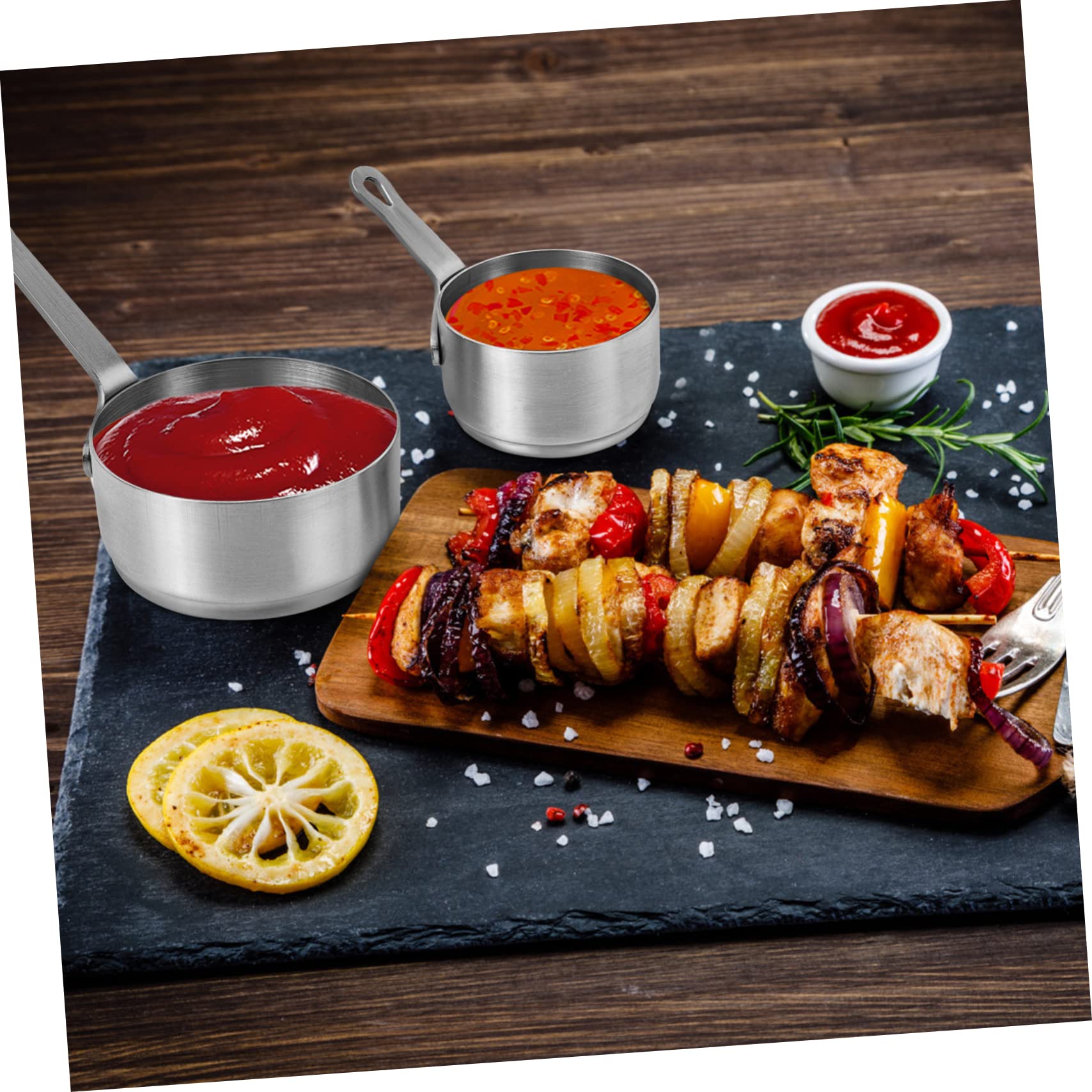 HOLIDYOYO Ergonomic Handle Stainless Steel Sauce Cup Condiment Holder for Western Food Seasoning Plate