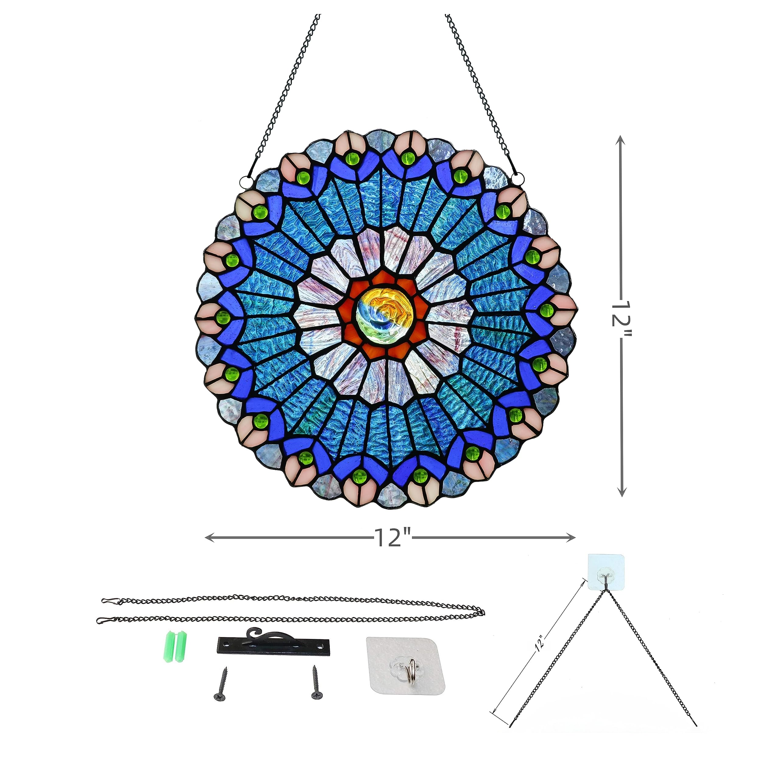 Mini-Fensterbehang im Tiffany-Stil, 30,5 cm, handgefertigt, grüne Blumen-Sonnenfänger für Fenster oder Wand, Blau und Rot