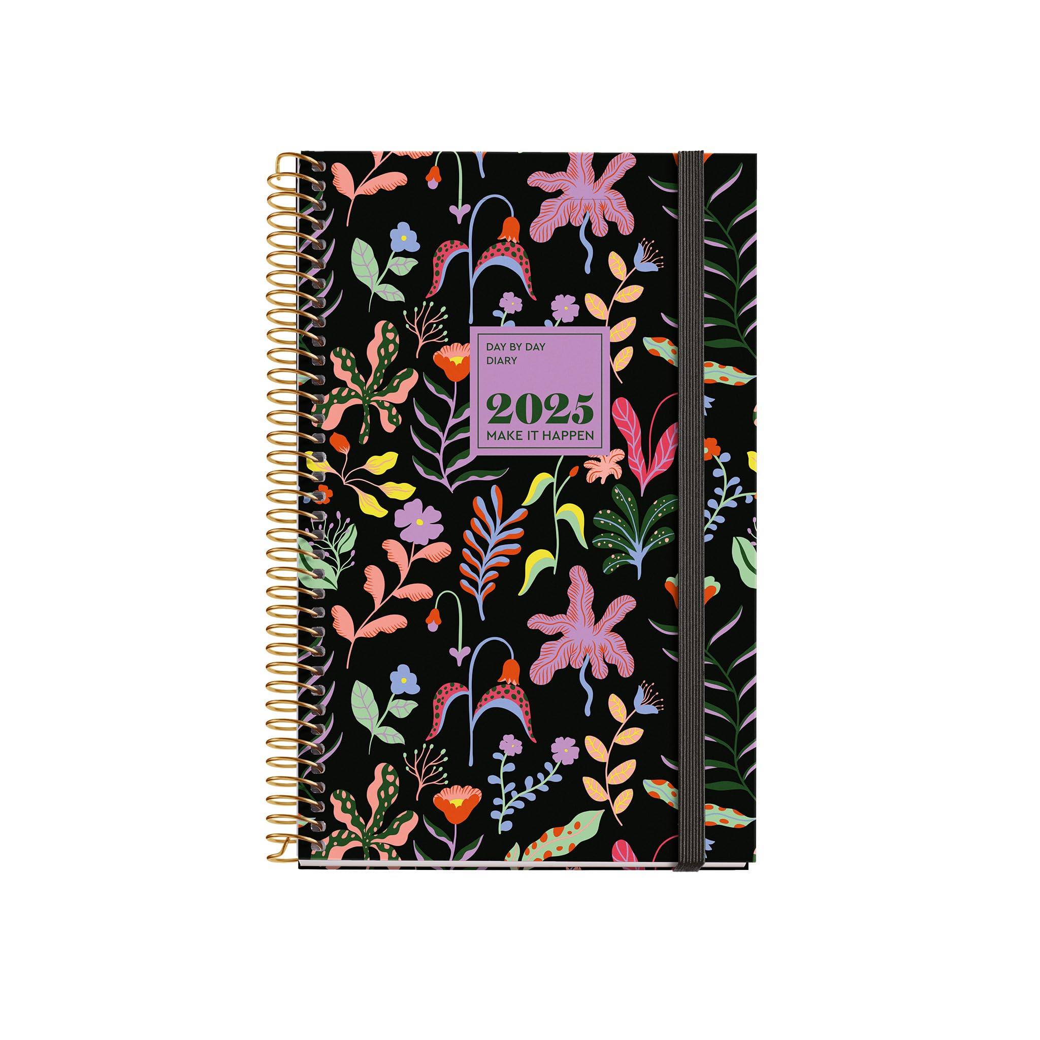 Miquelrius - 2025 Diary, Yearly Diary 117 x 182 mm, Day Page Agenda, Laminated Cardboard Cover, Spiral, Elastic Closure, Paper 80 g/m², Spanish, English and Portuguese, Fantasy Garden