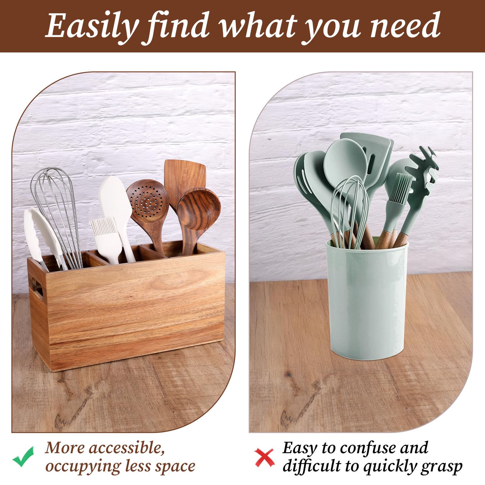 Yaoyiizy Acacia Wood Utensil Holder – Silverware Caddy Organizer For Countertop, Party, Picnic, Camping