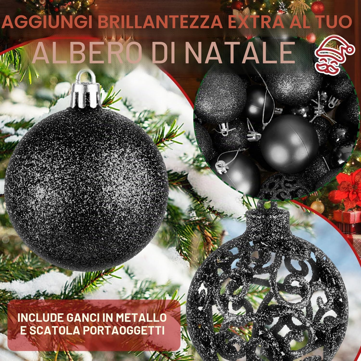 Taeku Palline di Natale Set, 100Pcs Plastica Addobbi Natalizi Palline Decorative Infrangibili Baubles di Natale con Ganci per Feste di Matrimoni e Natale (Nero)