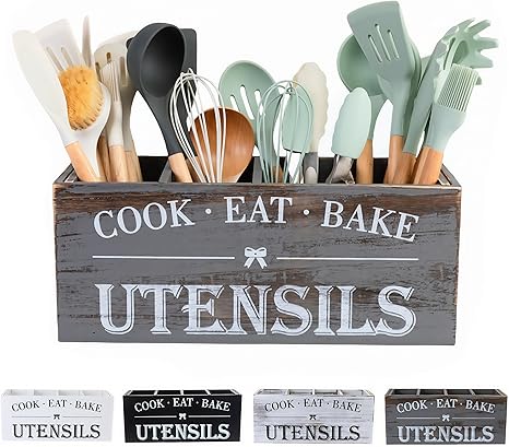Utensil Holder,Extra Large Wooden Utensil Holder For Kitchen Counter,Cooking Spatula Organizer,Big Storage Caddy With 4 Compartments Flatware Spoon Tool Cutlery(Grey)