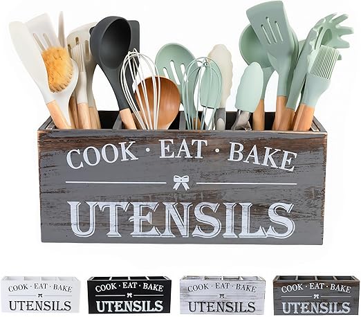 Utensil Holder,Extra Large Wooden Utensil Holder For Kitchen Counter,Cooking Spatula Organizer,Big Storage Caddy With 4 Compartments Flatware Spoon Tool Cutlery(Grey)