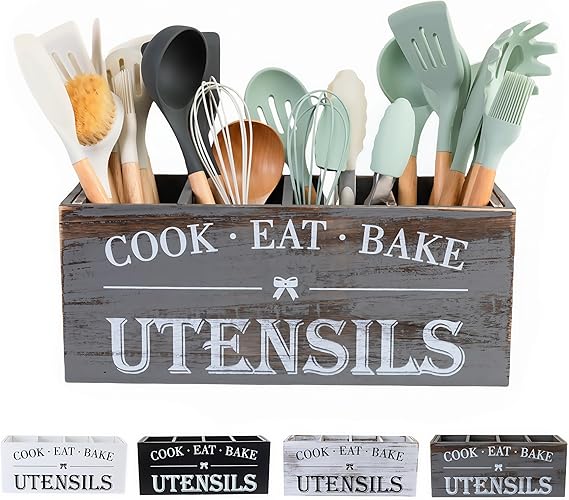 Utensil Holder,Extra Large Wooden Utensil Holder For Kitchen Counter,Cooking Spatula Organizer,Big Storage Caddy With 4 Compartments Flatware Spoon Tool Cutlery(Grey)