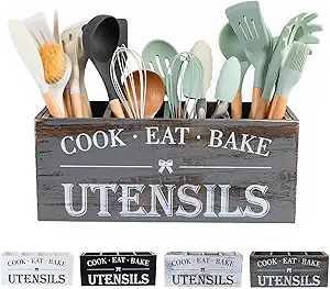 Utensil Holder,Extra Large Wooden Utensil Holder For Kitchen Counter,Cooking Spatula Organizer,Big Storage Caddy With 4 Compartments Flatware Spoon Tool Cutlery(Grey)