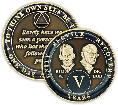 5 Year Sobriety Coin | Founders Triplate AA Chip | Celebrate Recovery Anniversary Token | Alcoholics Anonymous Gift Black