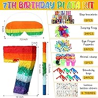 Vista 22 de Lenwen Juego de 120 piezas de piñatas arcoíris, piñata multicolor para fiesta de cumpleaños con palo para los ojos vendados y confeti Premio